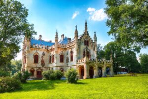 Miclauseni Castle, one of the most beautifull neo-gothic castles, belonged to Sturdza family. Attractive green park in Miclauseni monastery. Splendid landscape of Miclauseni, Romania, Europe.