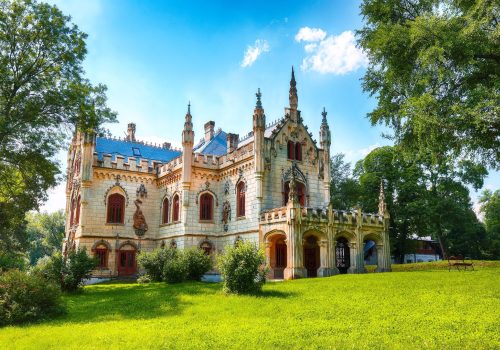 Miclauseni Castle, one of the most beautifull neo-gothic castles, belonged to Sturdza family. Attractive green park in Miclauseni monastery. Splendid landscape of Miclauseni, Romania, Europe.